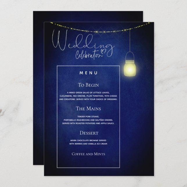 Carte de menu de mariage élégante en bleu minuit d (Devant / Derrière)