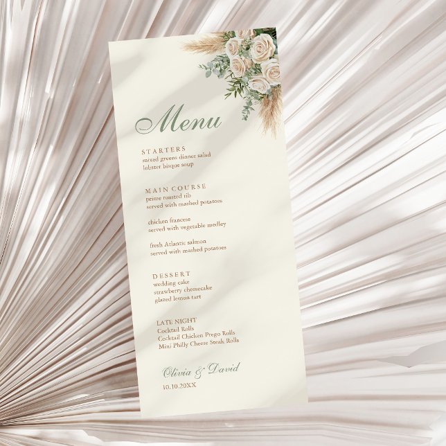 Carte de Menu de Mariage Élégante en Herbe de Pamp (Elegant Beige Pampas Grass Wedding Menu Card on a neutral dry palm leaf)