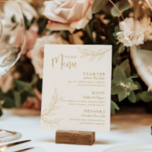 Carte de menu de mariage élégante en or avec écrit
