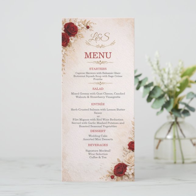 Carte de Menu de Mariage Élégante Fleurie Ivoire e (Debout devant)