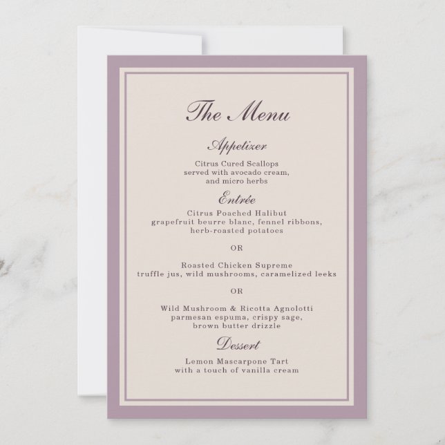 Carte de menu de mariage élégante mauve et prune (Devant)