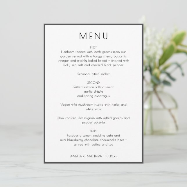 Carte de menu de mariage élégante moderne blanche  (Debout devant)