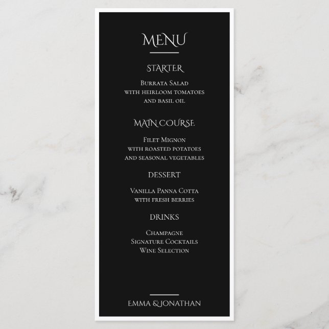 Carte de Menu de Mariage Élégante Noir & Blanc (Devant)