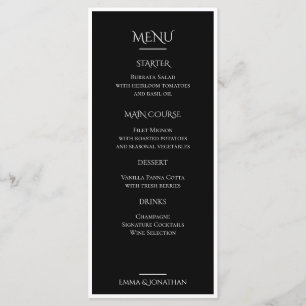 Carte de menu de mariage élégante noir et blanc