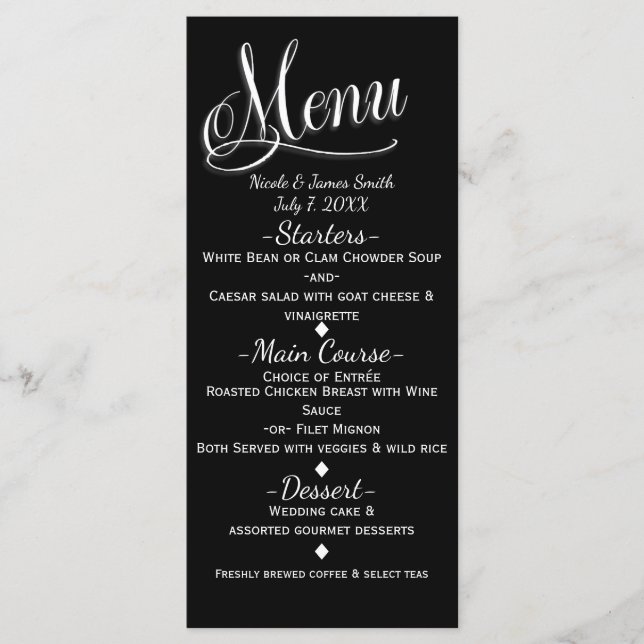 Carte de menu de mariage élégante noir et blanc (Devant)