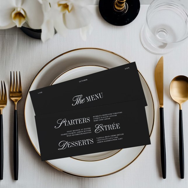 Carte de Menu de Mariage Élégante Noir et Blanc (Elegant Black & White Wedding Dinner Menu Card)