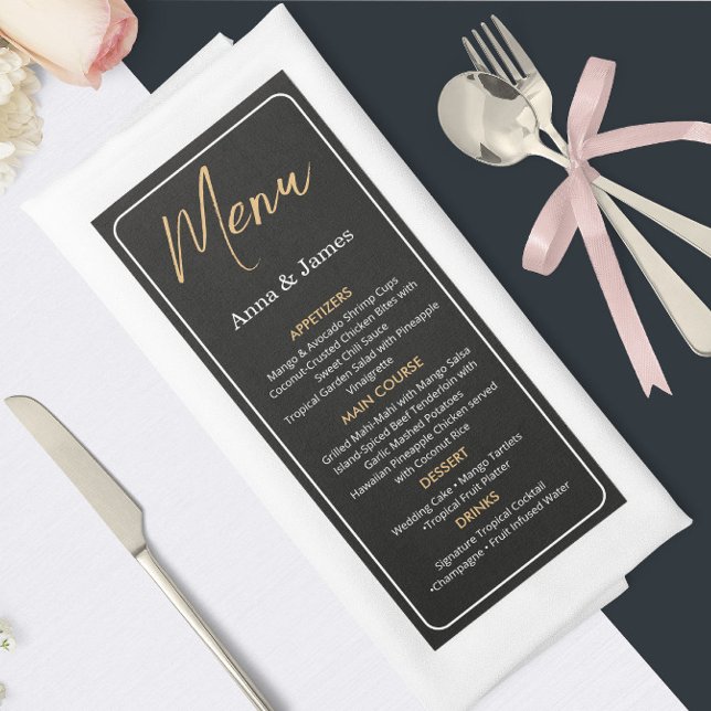 Carte de Menu de Mariage Élégante Noir et Or (Créateur téléchargé)