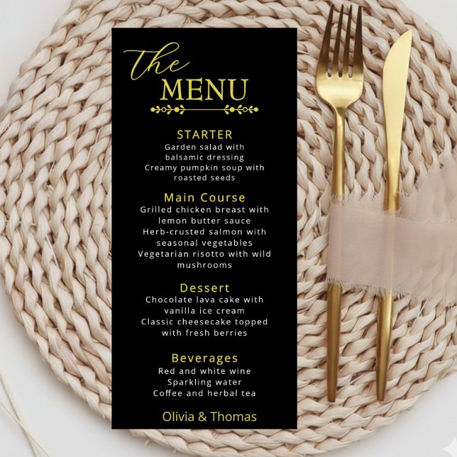 Carte de menu de mariage élégante noire et dorée (Créateur téléchargé)