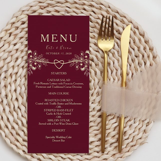 Carte de menu de mariage élégante or bordeaux (Créateur téléchargé)