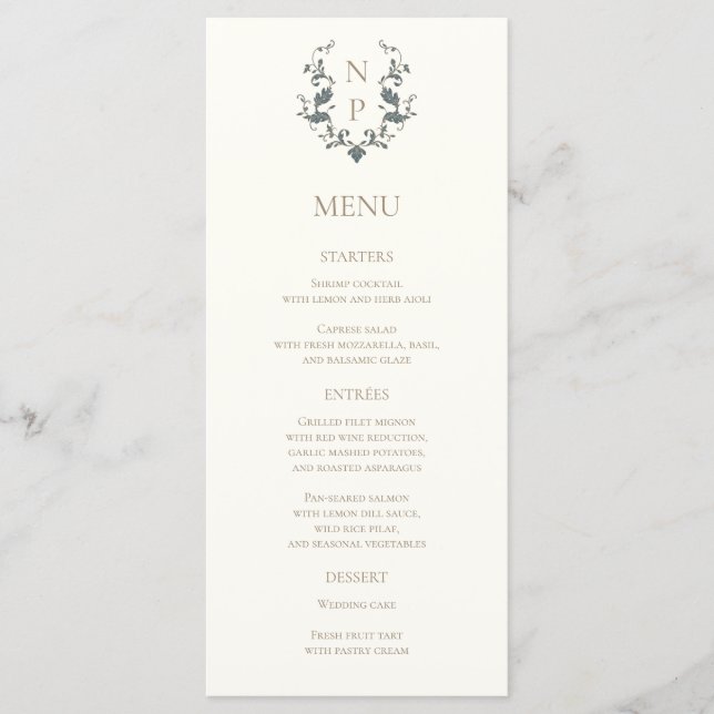 Carte de menu de mariage élégante ornée (Devant)