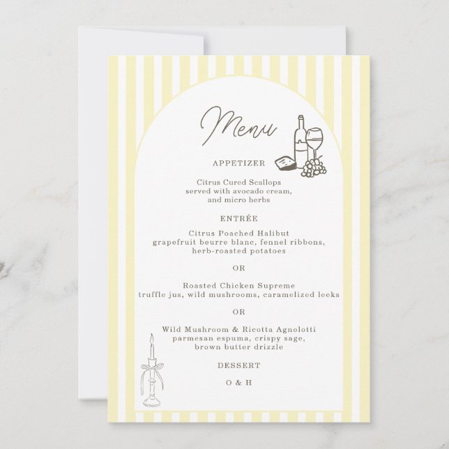 Carte de menu de mariage élégante rayée jaune doux (Devant)
