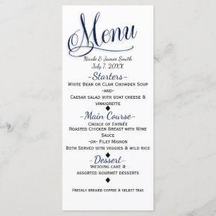 Carte de menu de mariage élégante simple bleu et b