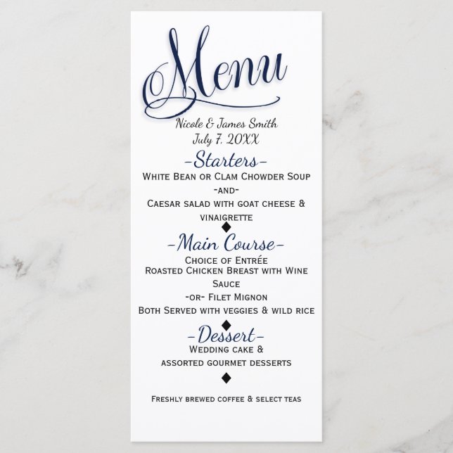 Carte de menu de mariage élégante simple bleu et b (Devant)