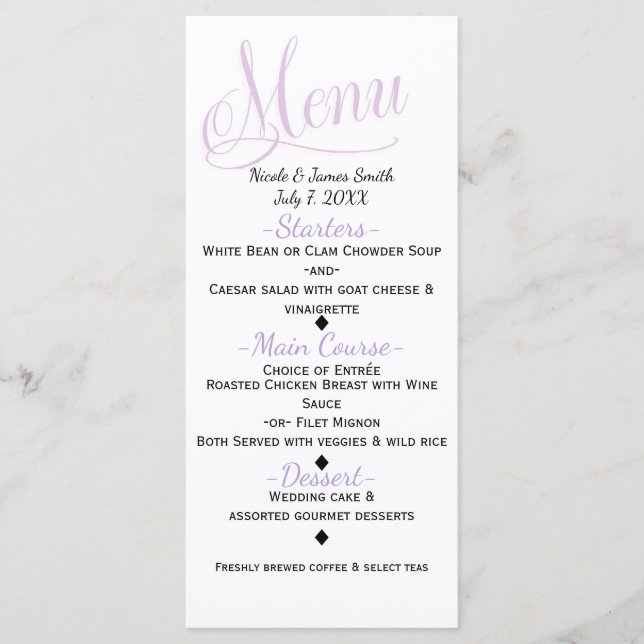 Carte de menu de mariage élégante simple lavande e (Devant)