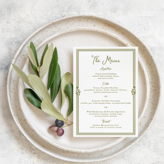 Carte de menu de mariage élégante vert olive tosca (Créateur téléchargé)