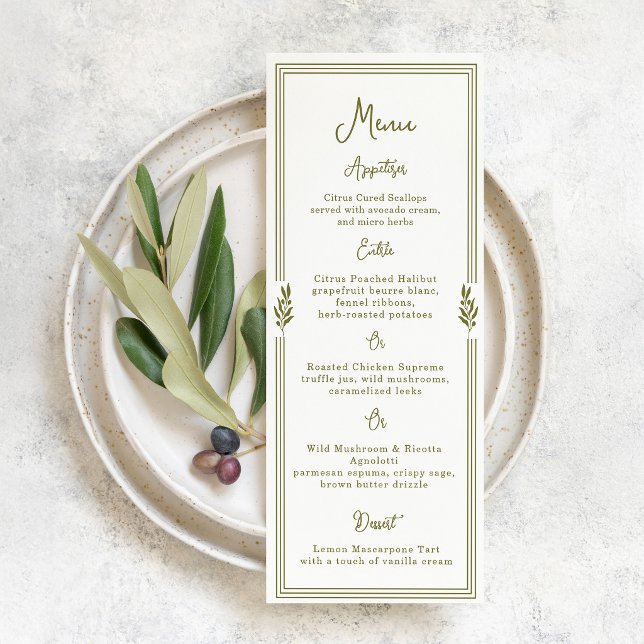 Carte de menu de mariage élégante vert olive tosca (Créateur téléchargé)