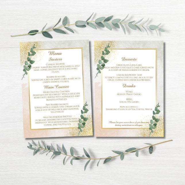 Carte de menu de mariage élégante verte et dorée (Elegant Green & Gold Wedding Menu)