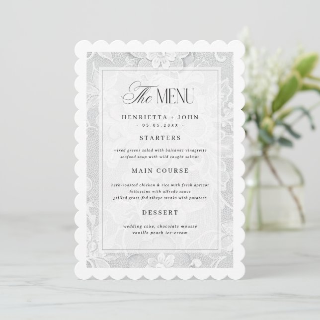 Carte de Menu de Mariage Élégante Vintage Blanche  (Debout devant)