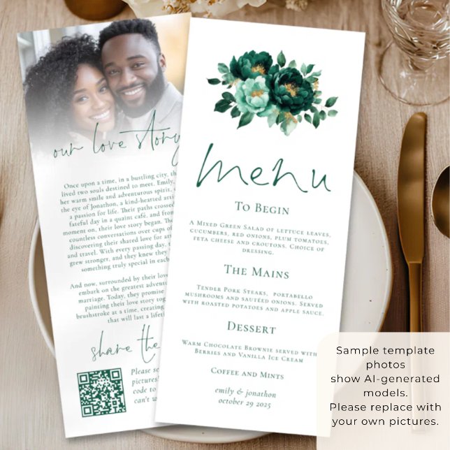 Carte de Menu de Mariage Emerald Gold Florals Love (Créateur téléchargé)