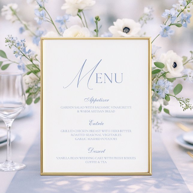 Carte de menu de mariage en beaux-arts bleu poussi (Créateur téléchargé)