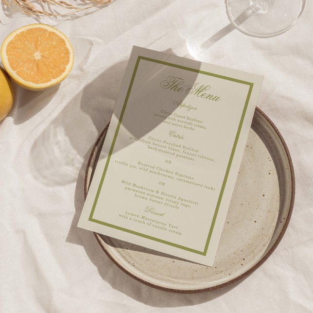 Carte de menu de mariage en calligraphie vert oliv (Créateur téléchargé)