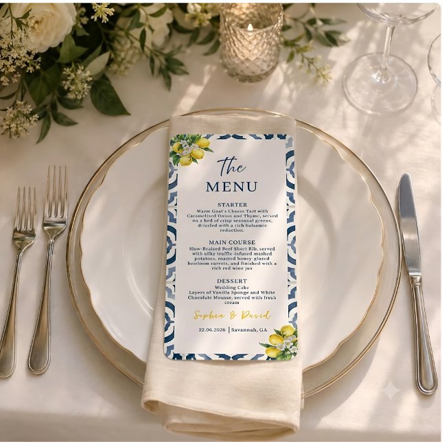 Carte de menu de mariage en carrelage bleu citron  (Créateur téléchargé)