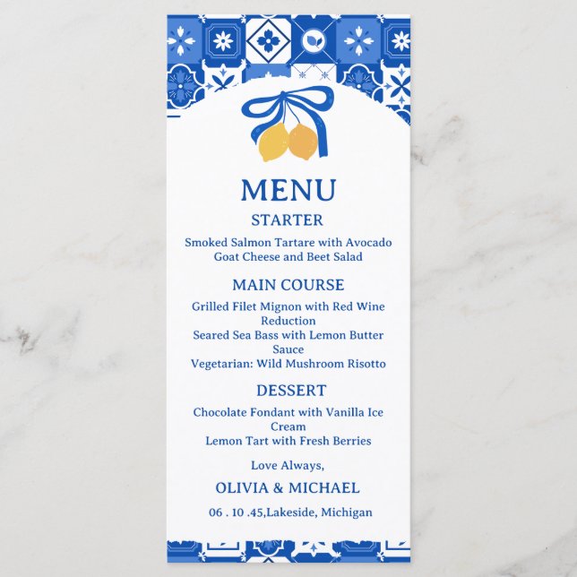 Carte de menu de mariage en carrelage méditerranée (Devant)