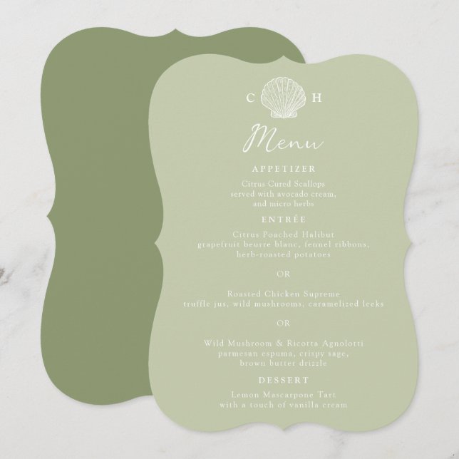 Carte de menu de mariage en coquillage vert sauge  (Devant / Derrière)