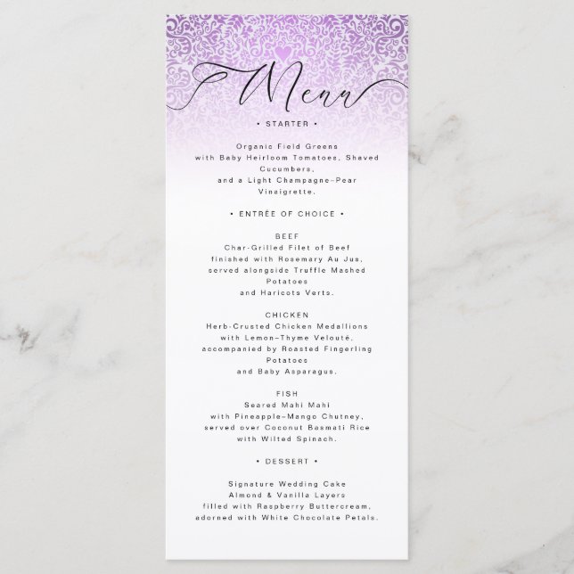 Carte de menu de mariage en damas orné rose (Devant)