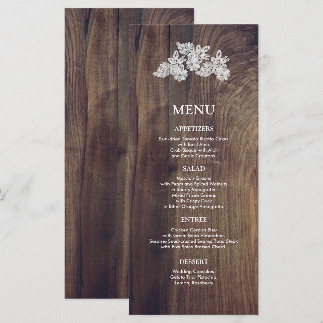 Carte de menu de mariage en dentelle blanche et bo (Devant / Derrière)