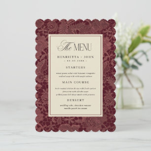 Carte de menu de mariage en dentelle burgundy à bo