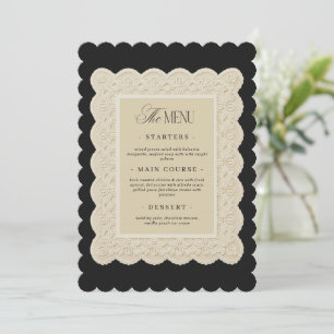 Carte de menu de mariage en dentelle noir et ivoir