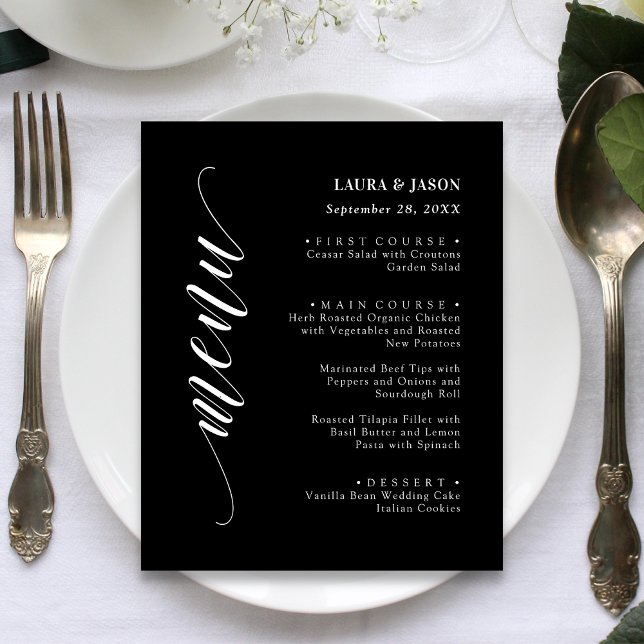 Carte de Menu de Mariage en Écriture Élégante Clas (Classic fancy script wedding menu card adds timeless charm to each place setting.)
