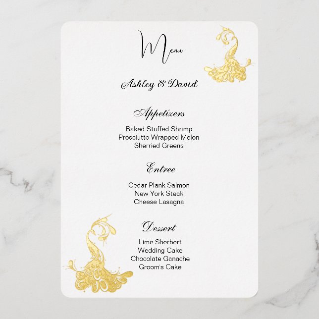 Carte de menu de mariage en feuille de paon (Recto)