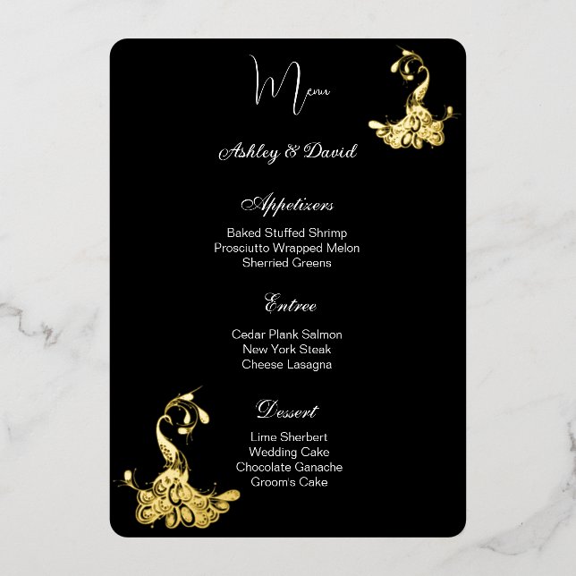 Carte de menu de mariage en feuille de paon (Recto)