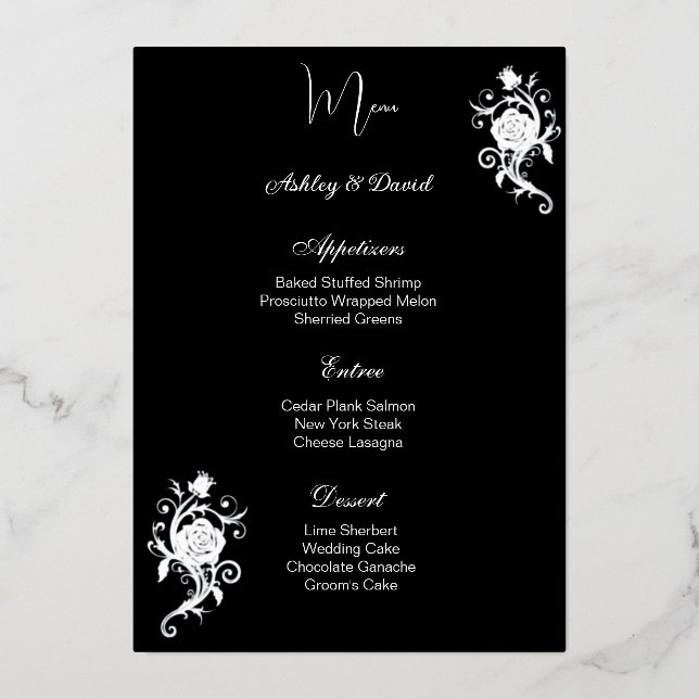 Carte de menu de mariage en feuille de rose (Recto)