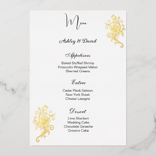 Carte de menu de mariage en feuille de rose (Recto)