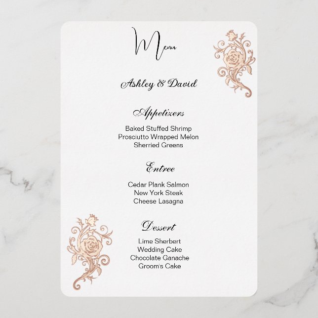 Carte de menu de mariage en feuille de rose (Recto)