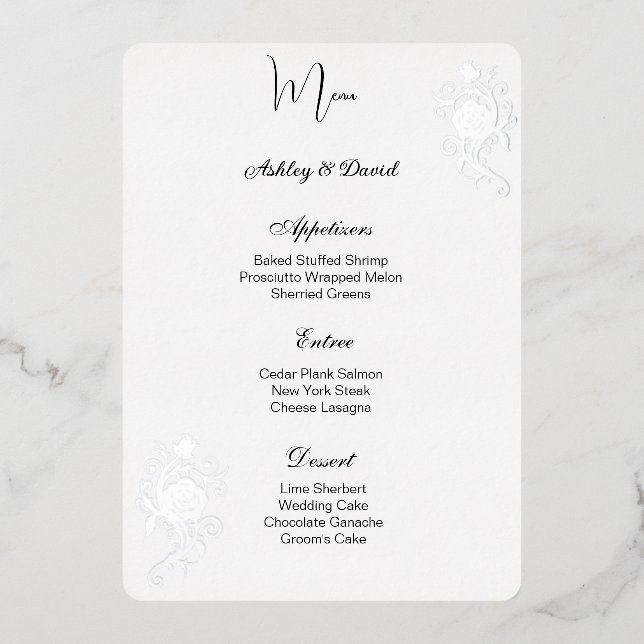 Carte de menu de mariage en feuille de rose (Recto)