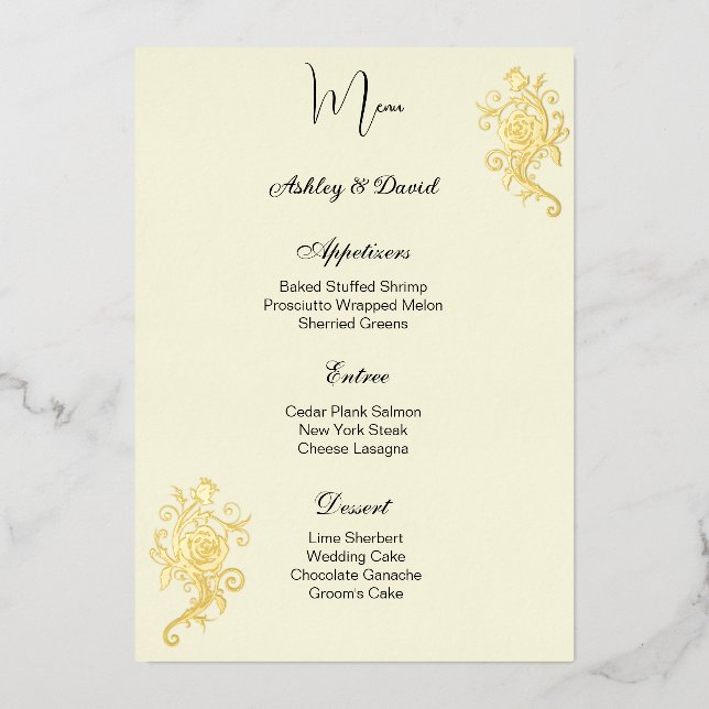 Carte de menu de mariage en feuille de rose (Recto)