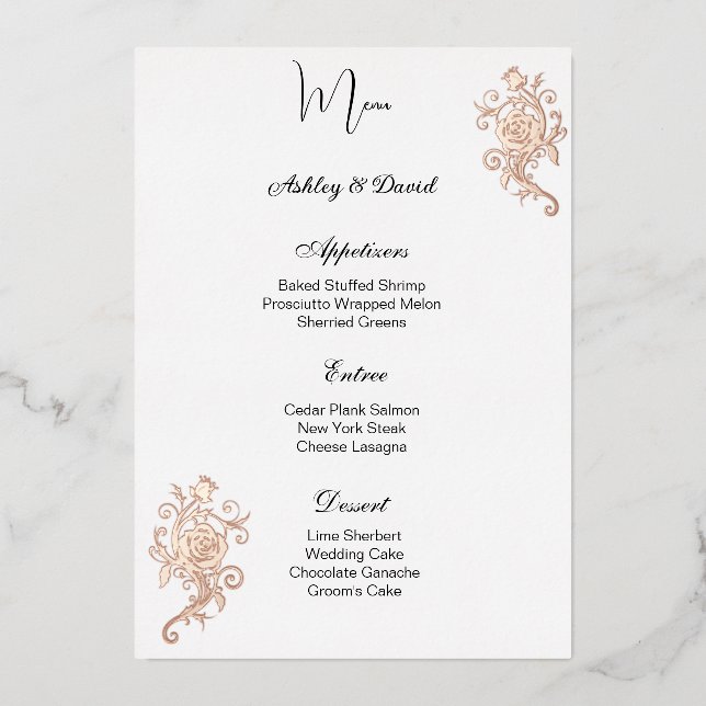 Carte de menu de mariage en feuille de rose (Recto)