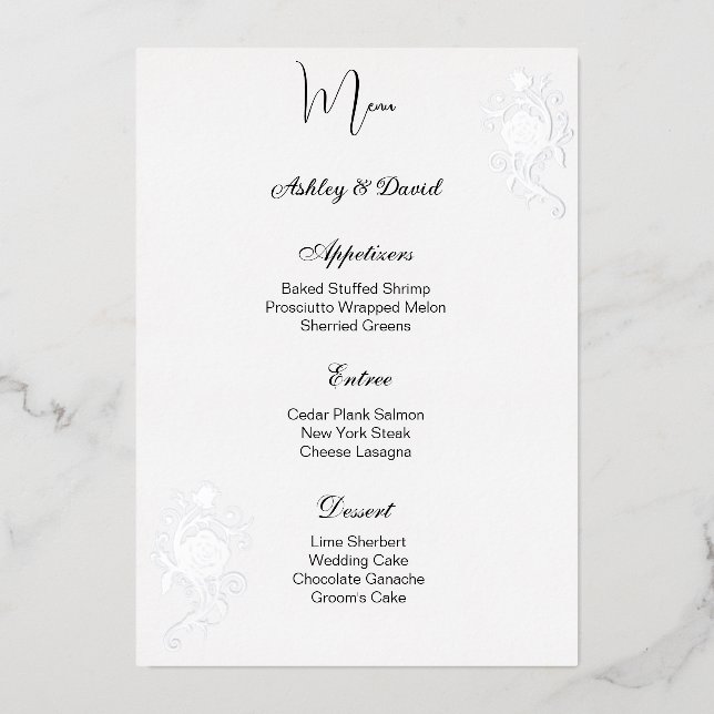 Carte de menu de mariage en feuille de rose (Recto)