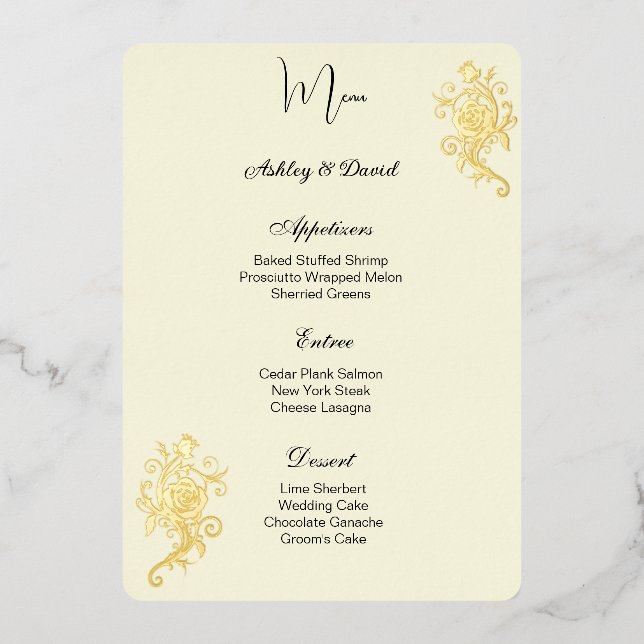 Carte de menu de mariage en feuille de rose (Recto)