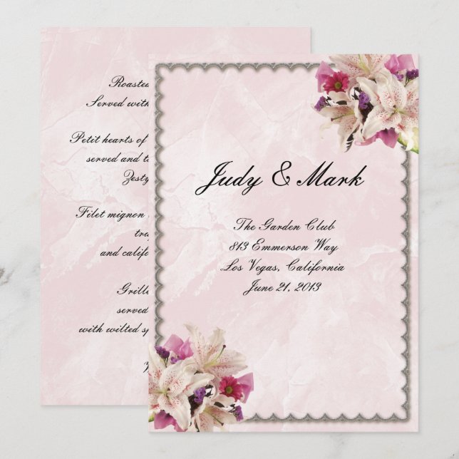 Carte de menu de mariage en marbre rose floral Lil (Devant / Derrière)