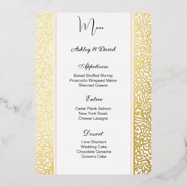 Carte de Menu de Mariage en Papier Aluminium Doré/ (Recto)