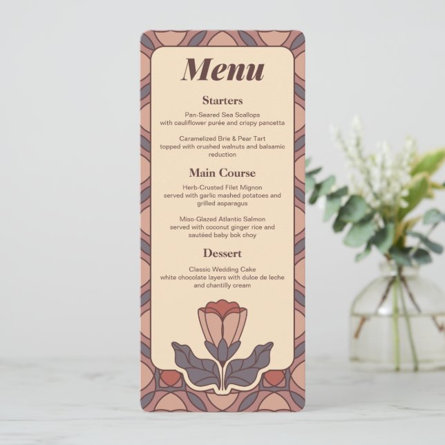 Carte de menu de mariage en verre teinté floral Ar (Debout devant)
