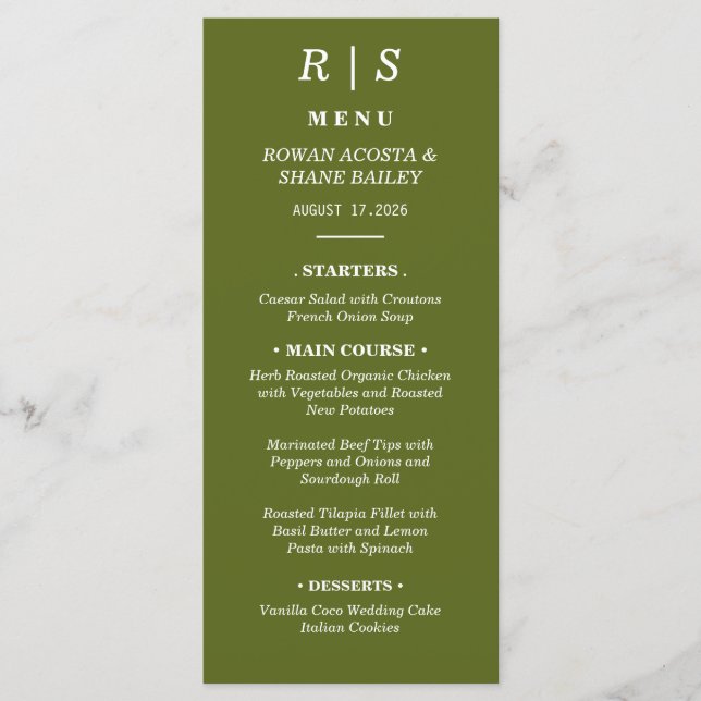 Carte de menu de mariage en vert sauge monogramme (Devant)