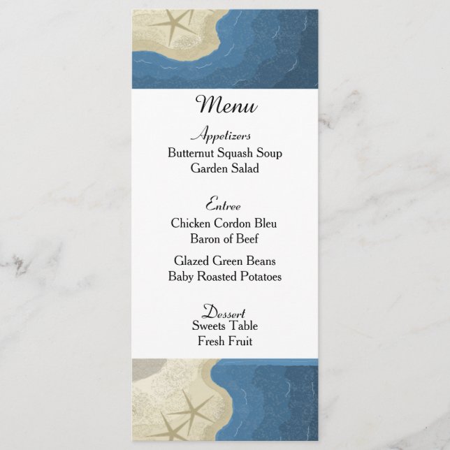 Carte de Menu de Mariage Étoile de Mer et Océan (Devant)