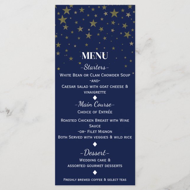 Carte de Menu de Mariage Étoiles Bleues et Or Faux (Devant)