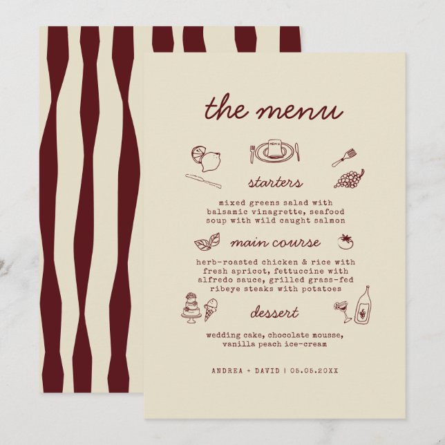 Carte de menu de mariage fantaisiste dessinée à la (Devant / Derrière)